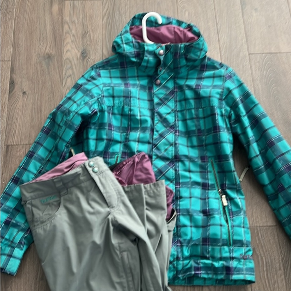 Burton Teal and Purple Plaid Ski Jacket+Pants